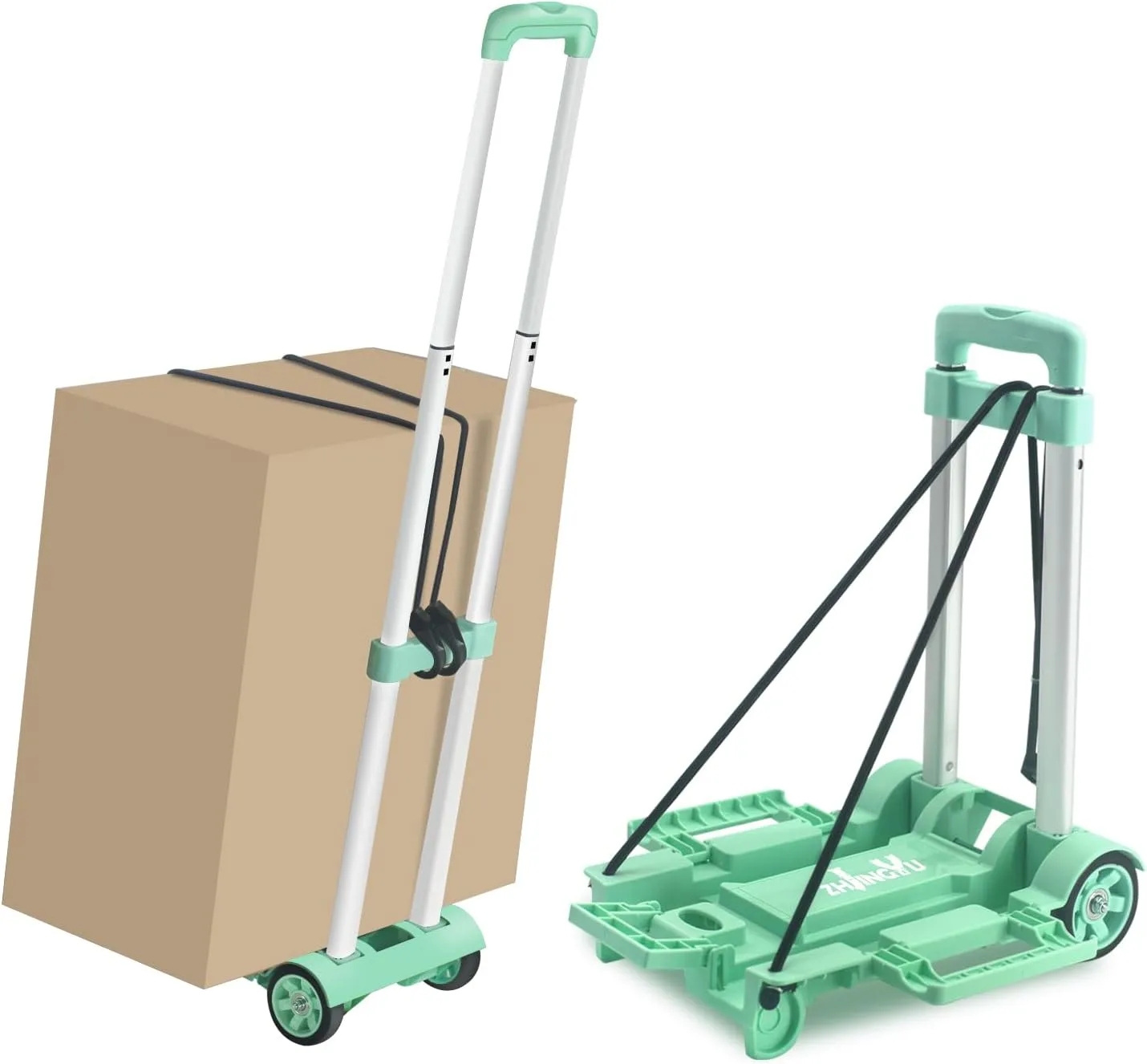 Folding Hand Truck Cart,Collapsible Shopping Trolley,Mini Lightweight Hand Dolly,Backpack Trolley,Luggage Cart,Aluminum Telescopic Rod,2 Wheel Trolley Expandable Large Chassis,Mint Green