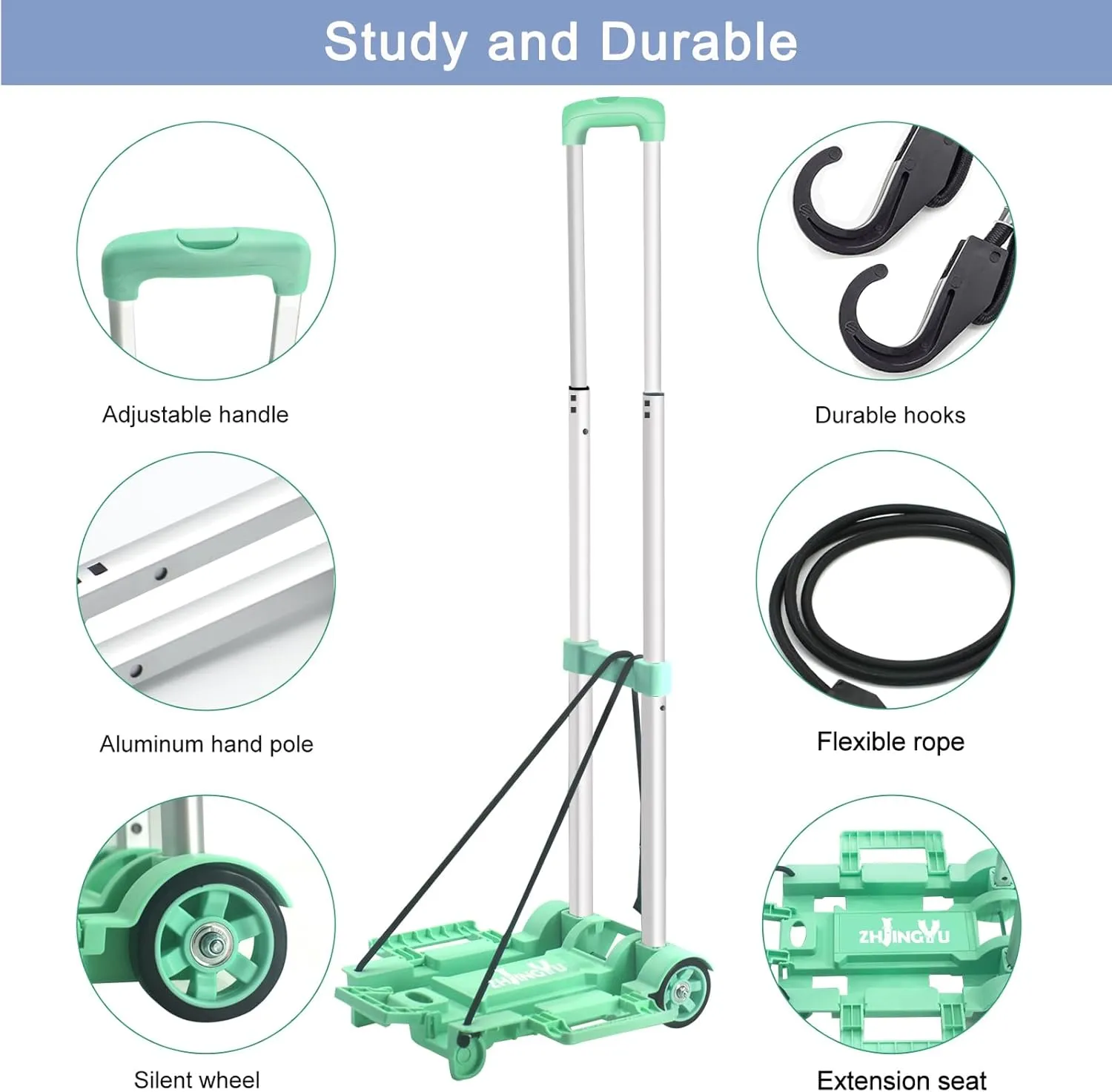 Folding Hand Truck Cart,Collapsible Shopping Trolley,Mini Lightweight Hand Dolly,Backpack Trolley,Luggage Cart,Aluminum Telescopic Rod,2 Wheel Trolley Expandable Large Chassis,Mint Green