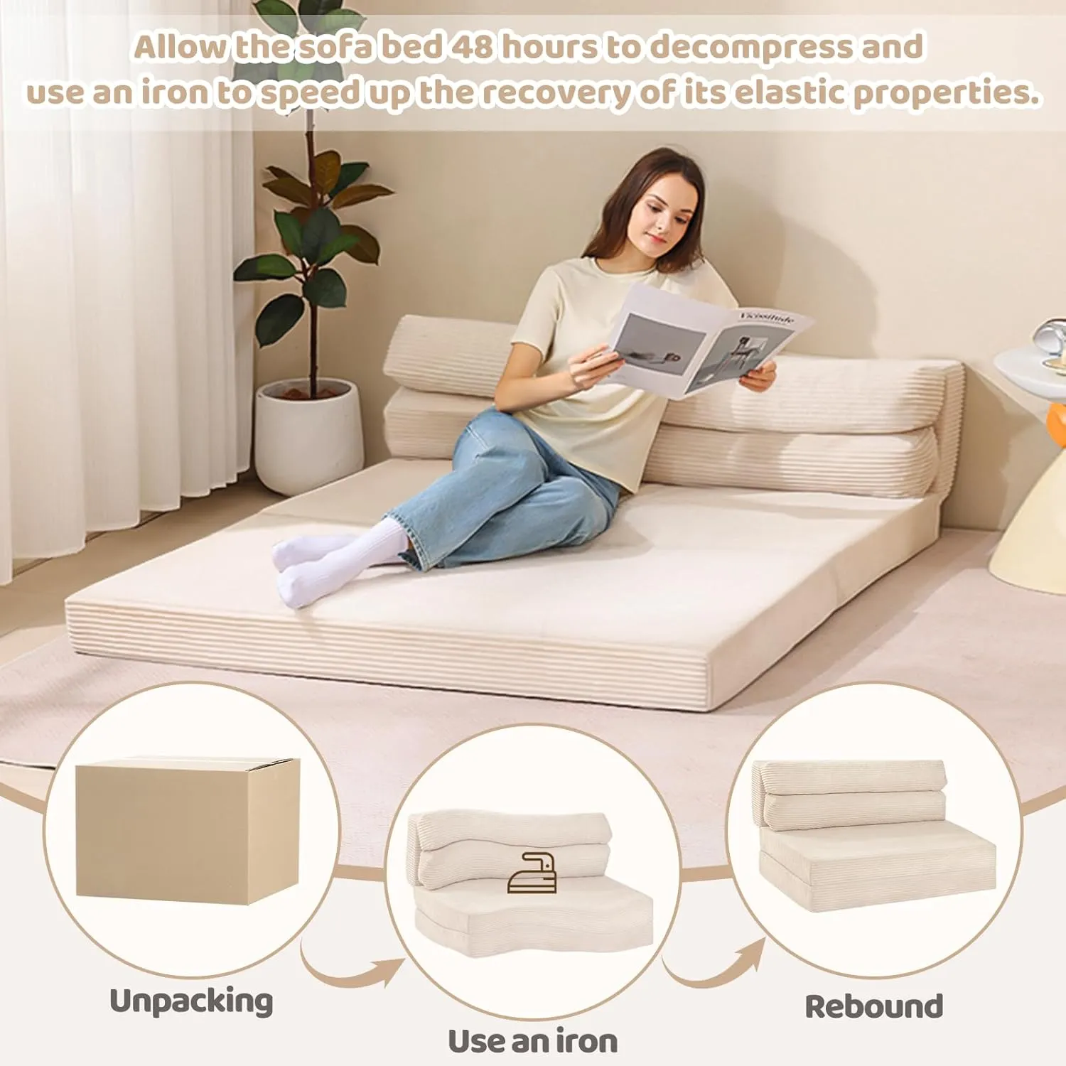 Folding Sofa Bed, Convertible Sleeper Chair with Pilow Foldable Matress, 2 in 1 Pull Out Loveseat Sofa Portable Fold Out Chair Bed Comfy Floor Couch Lounge for Living Room Bedroom,Beige,Twin