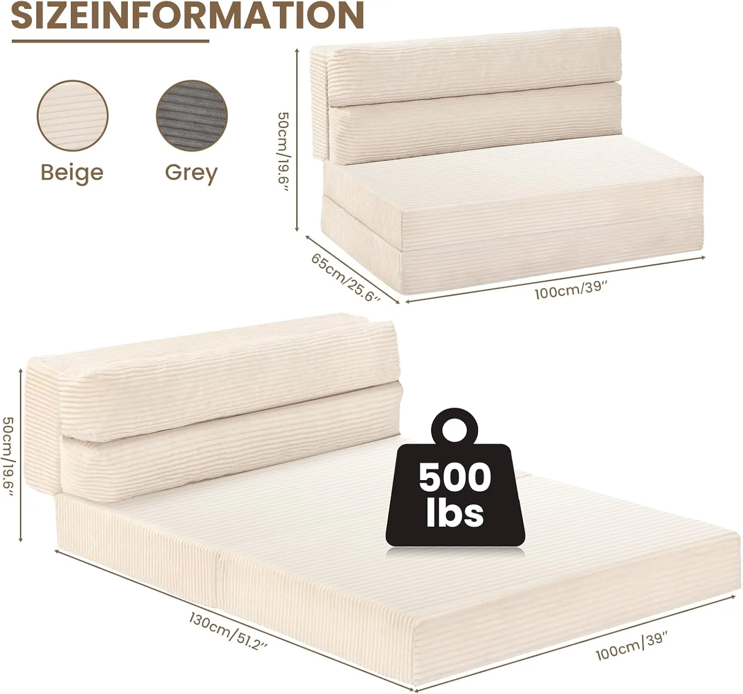 Folding Sofa Bed, Convertible Sleeper Chair with Pilow Foldable Matress, 2 in 1 Pull Out Loveseat Sofa Portable Fold Out Chair Bed Comfy Floor Couch Lounge for Living Room Bedroom,Beige,Twin