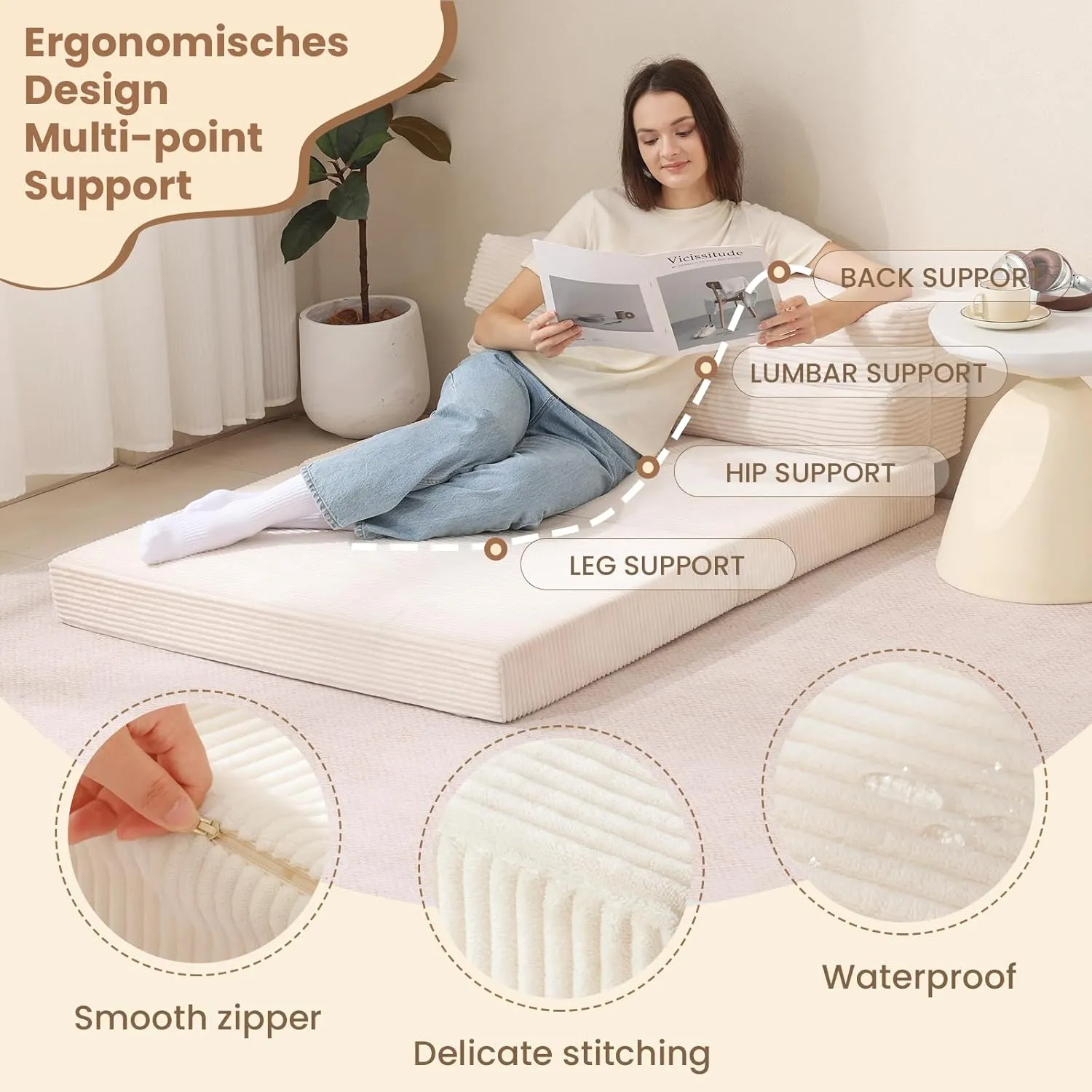 Folding Sofa Bed, Convertible Sleeper Chair with Pilow Foldable Matress, 2 in 1 Pull Out Loveseat Sofa Portable Fold Out Chair Bed Comfy Floor Couch Lounge for Living Room Bedroom,Beige,Twin