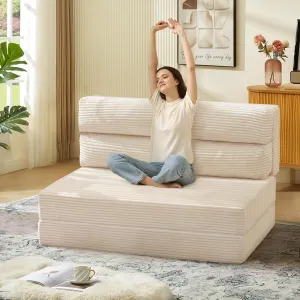 Folding Sofa Bed, Convertible Sleeper Chair with Pilow Foldable Matress, 2 in 1 Pull Out Loveseat Sofa Portable Fold Out Chair Bed Comfy Floor Couch Lounge for Living Room Bedroom,Beige,Twin