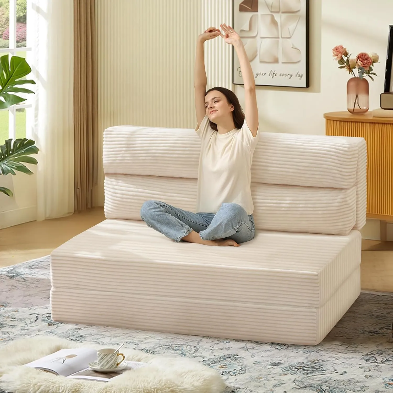 Folding Sofa Bed, Convertible Sleeper Chair with Pilow Foldable Matress, 2 in 1 Pull Out Loveseat Sofa Portable Fold Out Chair Bed Comfy Floor Couch Lounge for Living Room Bedroom,Beige,Twin
