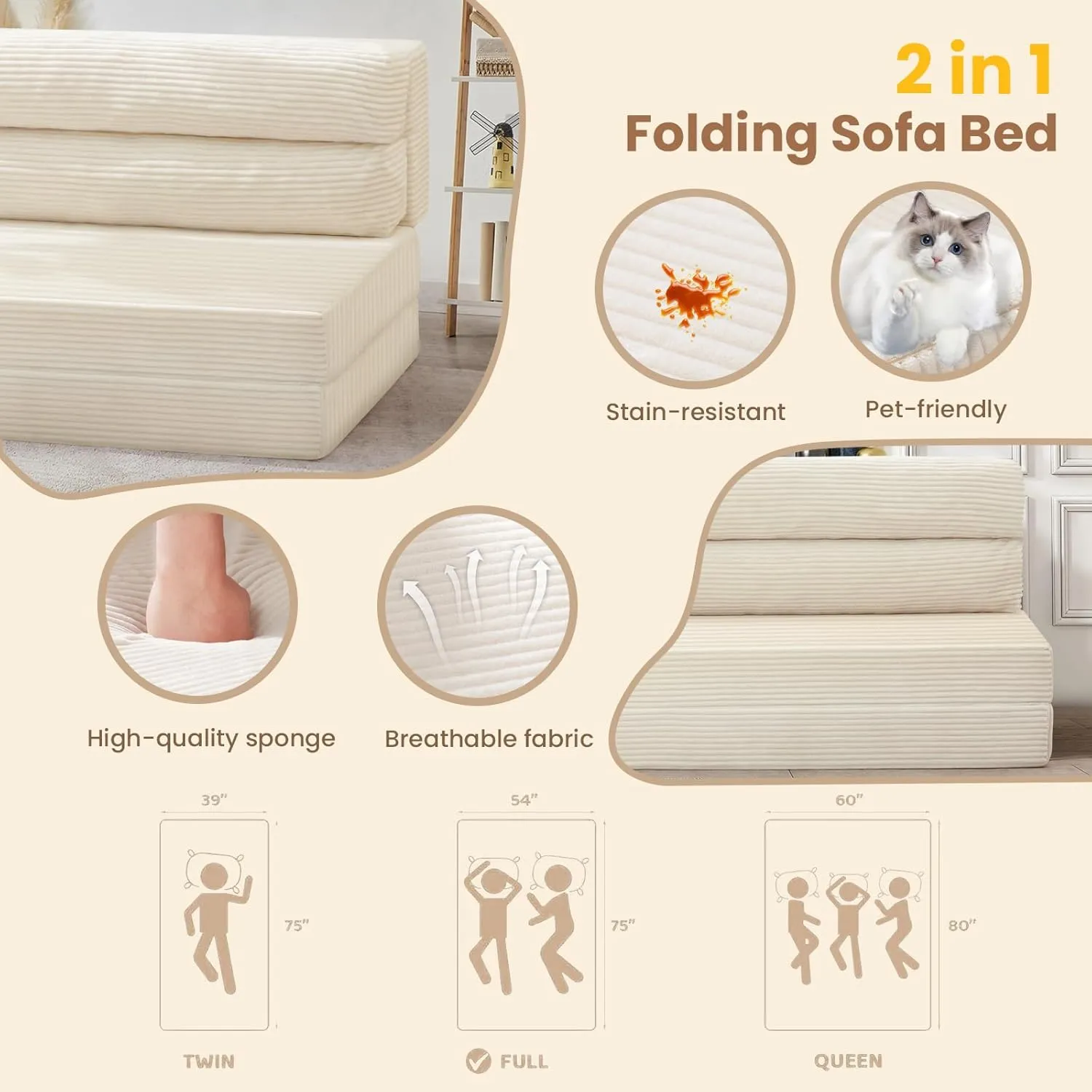 Folding Sofa Bed, Convertible Sleeper Chair with Pilow Foldable Matress, 2 in 1 Pull Out Loveseat Sofa Portable Fold Out Chair Bed Comfy Floor Couch Lounge for Living Room Bedroom,Beige,Twin