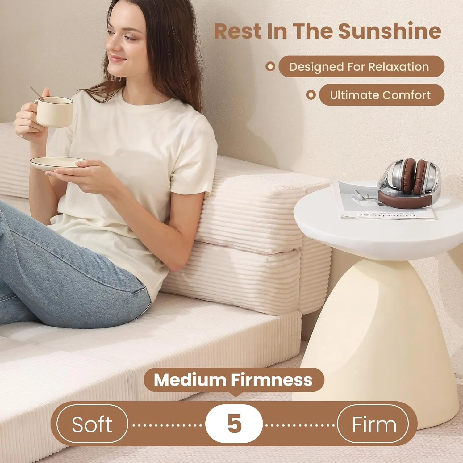 Folding Sofa Bed, Convertible Sleeper Chair with Pilow Foldable Matress, 2 in 1 Pull Out Loveseat Sofa Portable Fold Out Chair Bed Comfy Floor Couch Lounge for Living Room Bedroom,Beige,Twin