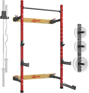 Folding Wall Mounted Squat Rack with Barbell Wall Holder and Wall Mounted Weight Plate Holder for Space-Saving Home Gym