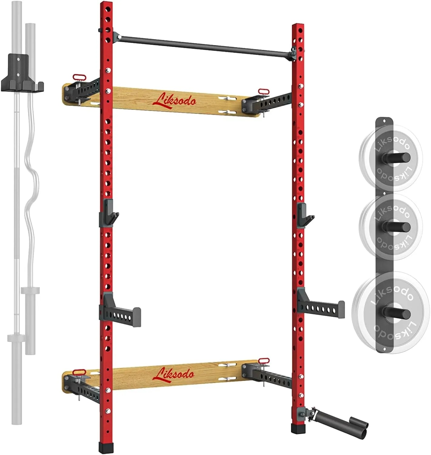 Folding Wall Mounted Squat Rack with Barbell Wall Holder and Wall Mounted Weight Plate Holder for Space-Saving Home Gym