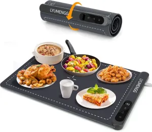 Food Warmer 6 Adjustable Warming Mat for Food 500W Graphene Fast Heat in 5s Food Warming Mat 6H Auto Off Portable Food Warmer BPA-Free Silicone Warming Trays For Buffets Party Warming Mat Grey