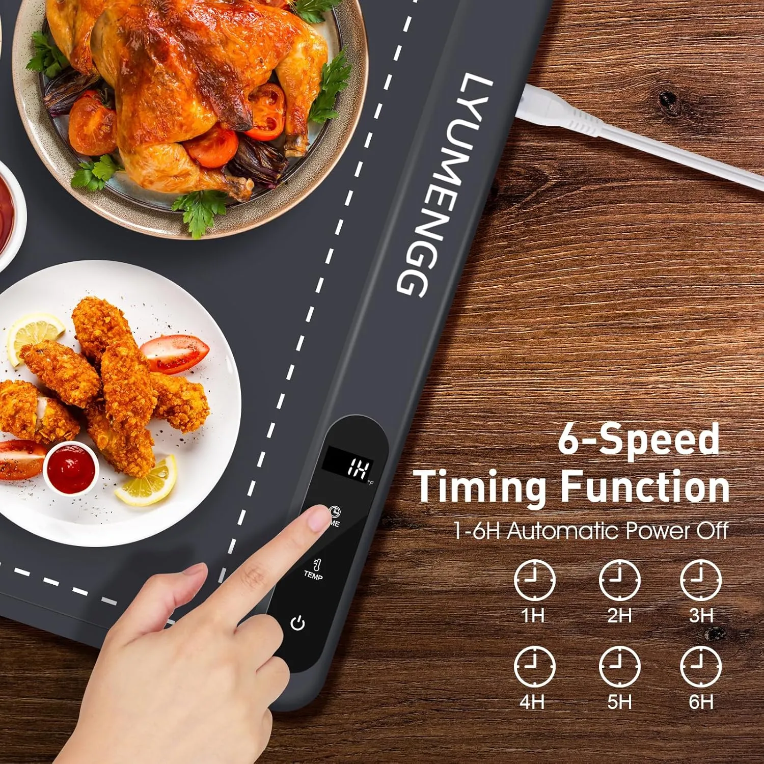 Food Warmer 6 Adjustable Warming Mat for Food 500W Graphene Fast Heat in 5s Food Warming Mat 6H Auto Off Portable Food Warmer BPA-Free Silicone Warming Trays For Buffets Party Warming Mat Grey