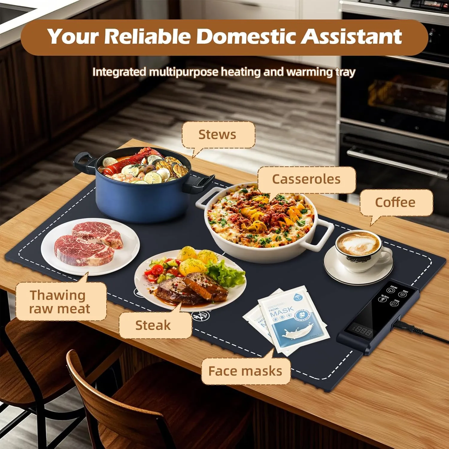 Food Warming Mat - Fast Heating,6Temperature Settings,Rollable,Portable,Silicone Electric Warming Tray,Auto Shut-Off-Versatile Food Warmer for Gatherings,Parties, Everyday Use 24x15-Dark Blue