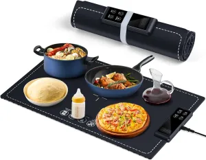 Food Warming Mat - Fast Heating,6Temperature Settings,Rollable,Portable,Silicone Electric Warming Tray,Auto Shut-Off-Versatile Food Warmer for Gatherings,Parties, Everyday Use 24x15-Dark Blue