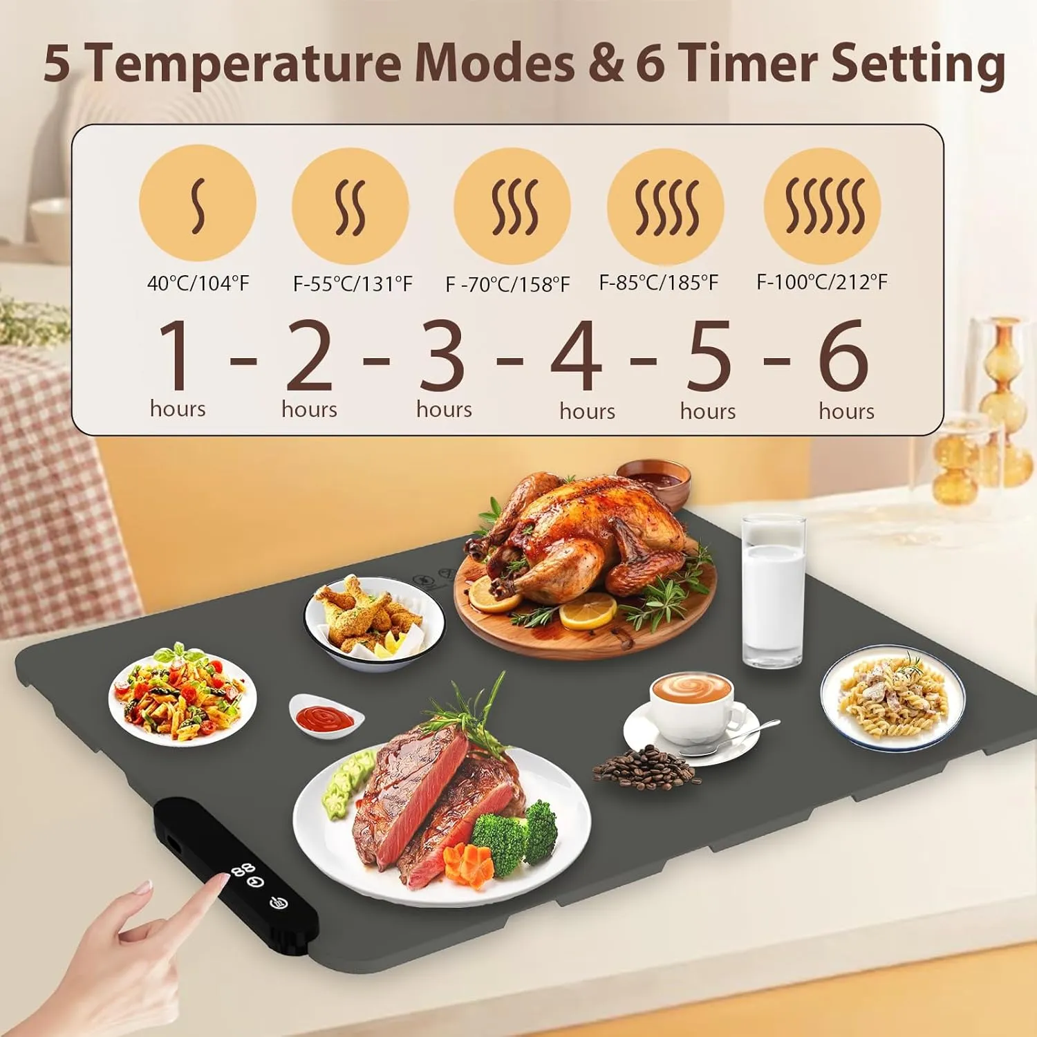 Food Warming Mat, Portable Electric Warming Tray Rollable 5 Modes Temperature 6 Timer Setting Food Warmer Roll Up Buffet Hot Plates Heat Pad for Buffets Party and Home Daily Use