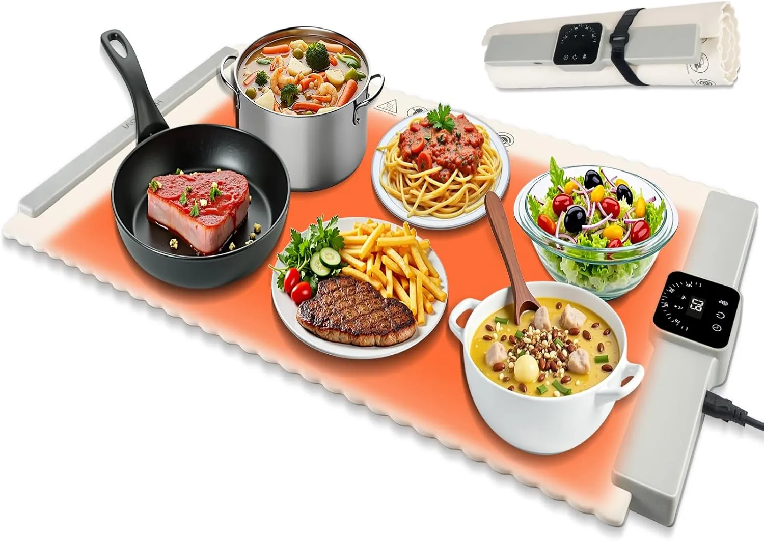 Food Warming Mat, Rollable Portable Silicone Heating Mat with 7 Temperature Levels and Auto-Off, Food Warmers for Parties Buffet, Electric Warming Tray Suitable for Home,Party,Gatherings