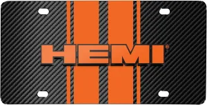 for Dodge HEMI 3D Logo in Orange on Orange Stripe Black Carbon Fiber Look Stainless Steel License Plate for Decorative