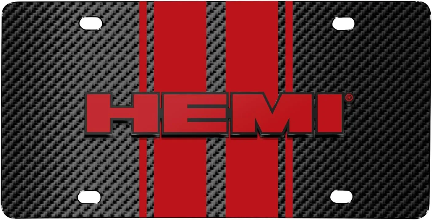for Dodge HEMI 3D Logo in Red on Red Stripe Black Carbon Fiber Look Stainless Steel License Plate for Decorative