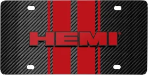 for Dodge HEMI 3D Logo in Red on Red Stripe Black Carbon Fiber Look Stainless Steel License Plate for Decorative