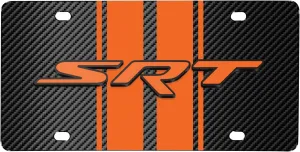 for Dodge SRT 3D Logo in Orange on Orange Stripe Black Carbon Fiber Look Stainless Steel License Plate for Decorative