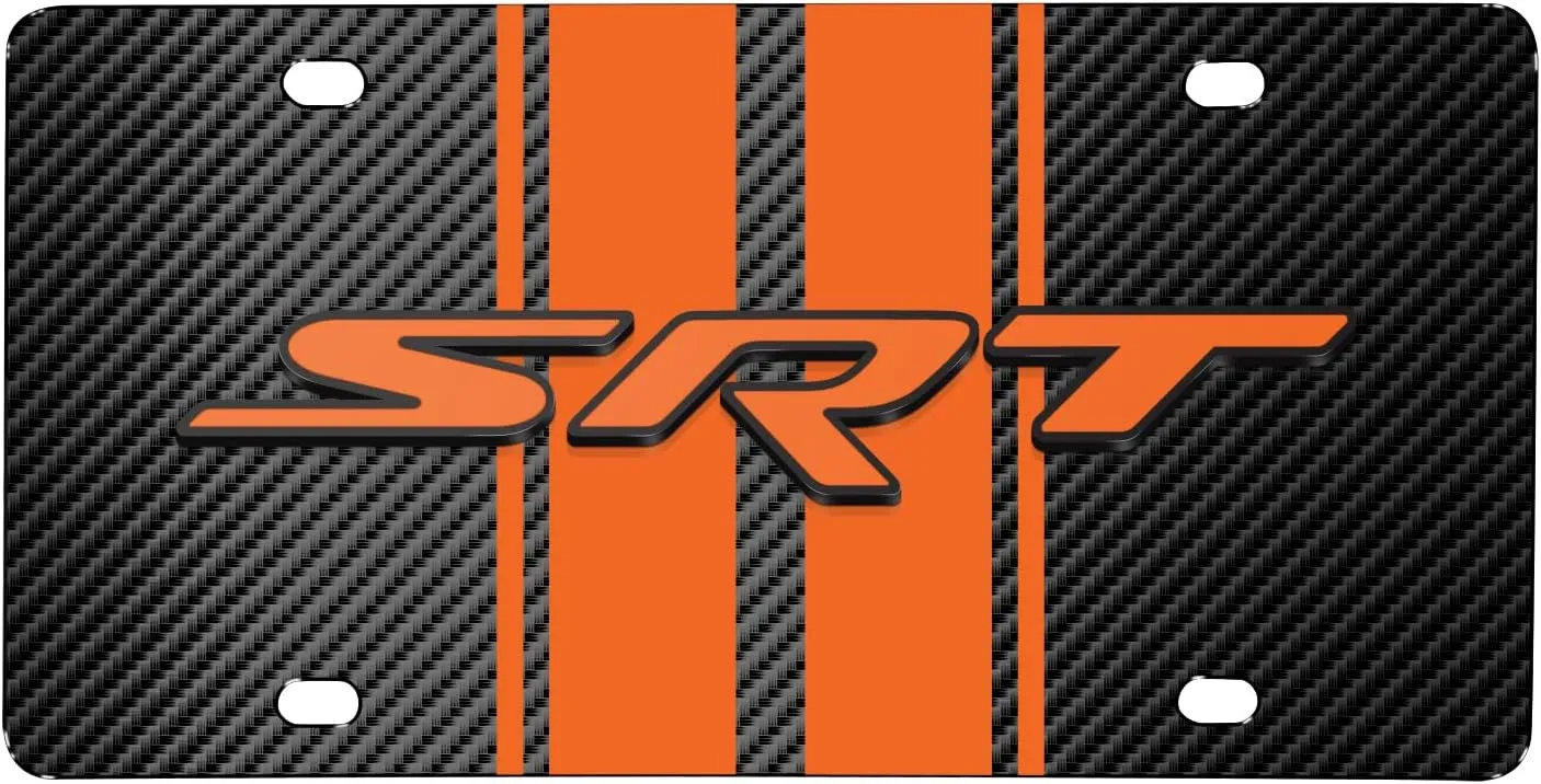 for Dodge SRT 3D Logo in Orange on Orange Stripe Black Carbon Fiber Look Stainless Steel License Plate for Decorative