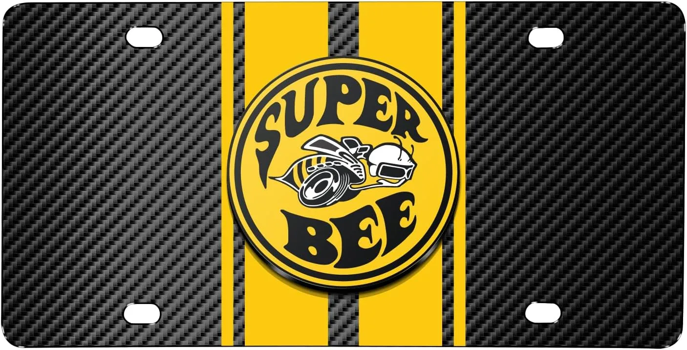 for Dodge Super Bee 3D Logo in Yellow on Yellow Stripe Black Carbon Fiber Look Stainless Steel License Plate for Decorative
