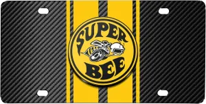 for Dodge Super Bee 3D Logo in Yellow on Yellow Stripe Black Carbon Fiber Look Stainless Steel License Plate for Decorative
