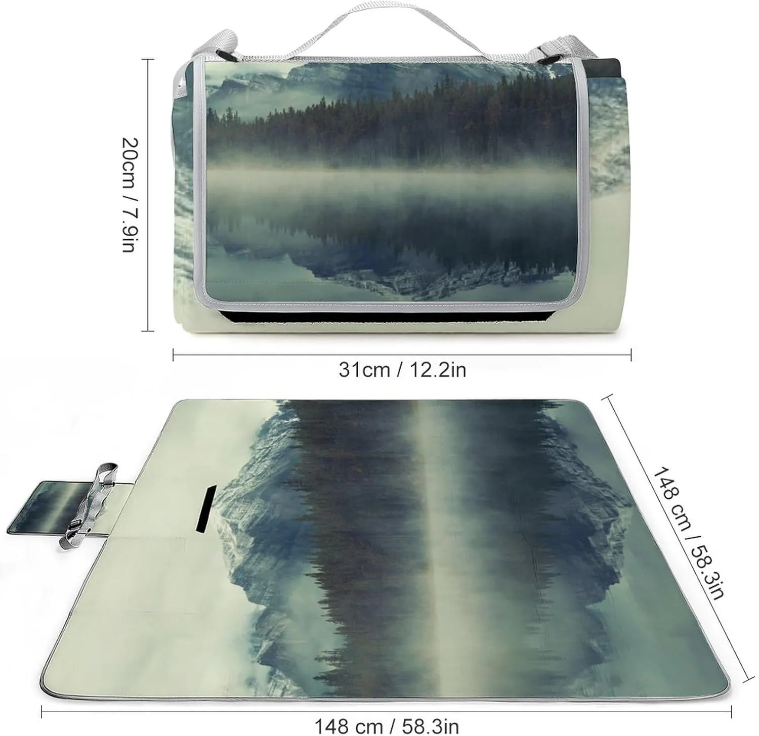 Forest Tree Foggy Moutains Lake Picnic Blanket with Carry Strap Foldable & Portable 3-Layer Waterproof Sand Proof Beach Blanket for Outdoor Camping Travel Grass Lawn Park Music Festival