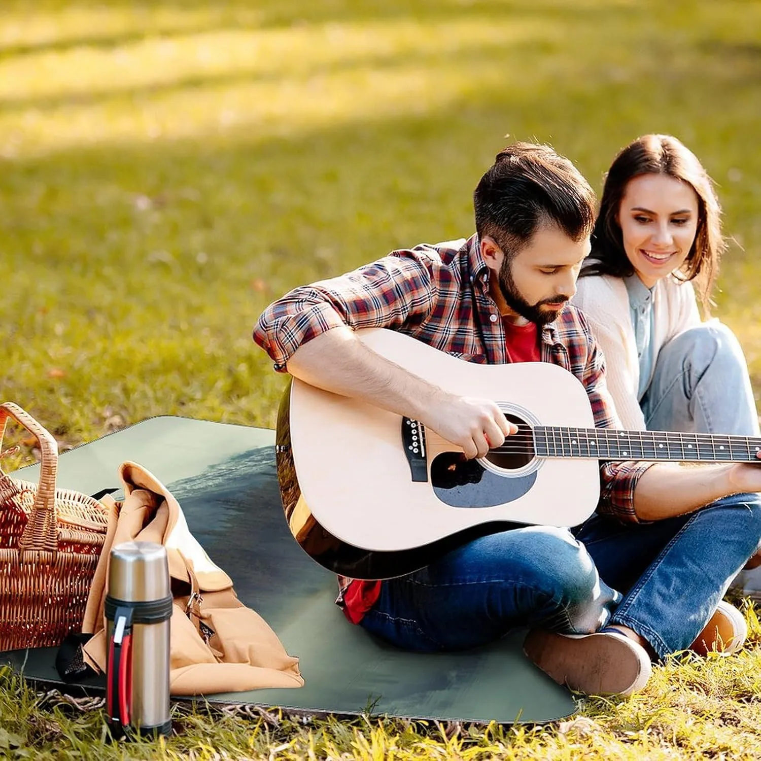 Forest Tree Foggy Moutains Lake Picnic Blanket with Carry Strap Foldable & Portable 3-Layer Waterproof Sand Proof Beach Blanket for Outdoor Camping Travel Grass Lawn Park Music Festival