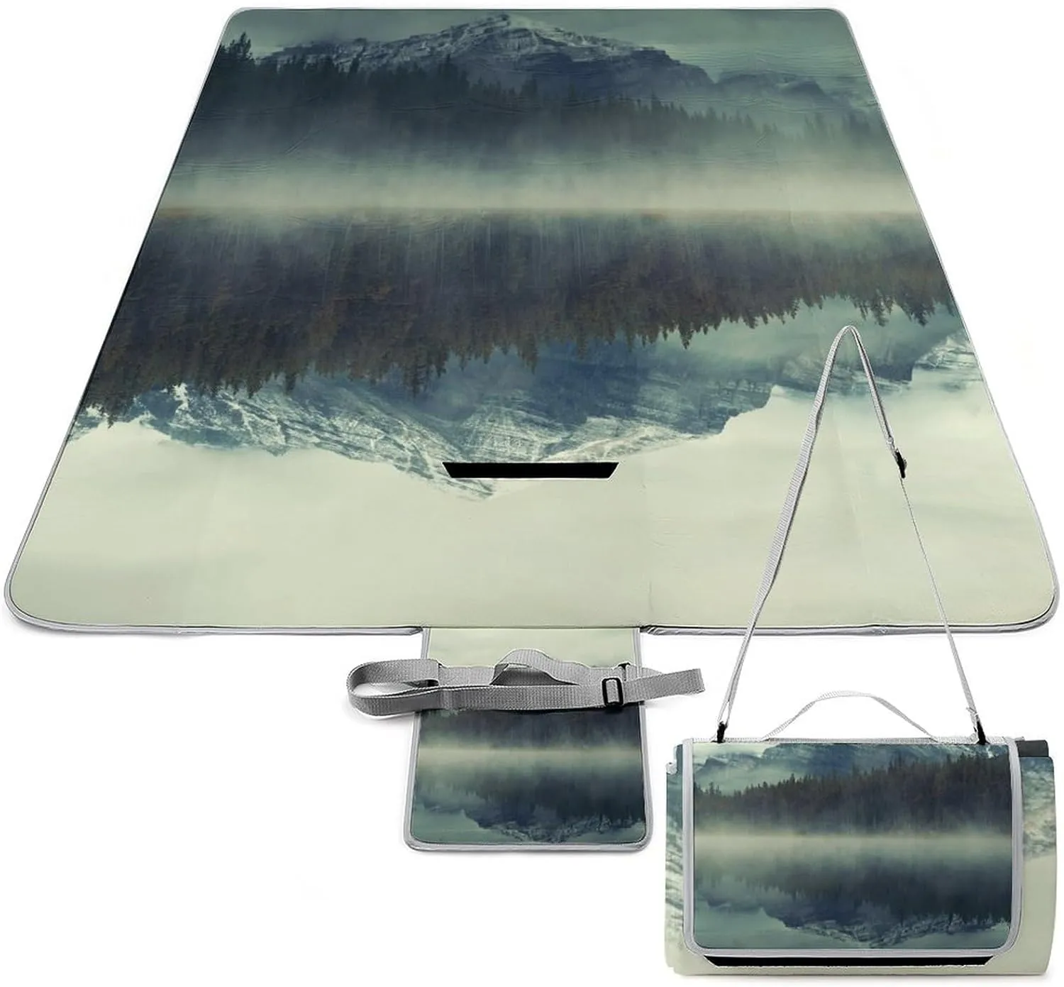 Forest Tree Foggy Moutains Lake Picnic Blanket with Carry Strap Foldable & Portable 3-Layer Waterproof Sand Proof Beach Blanket for Outdoor Camping Travel Grass Lawn Park Music Festival