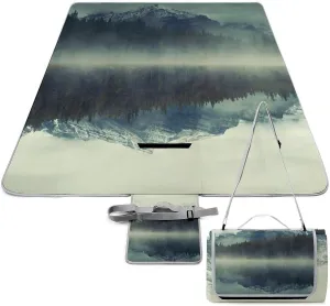 Forest Tree Foggy Moutains Lake Picnic Blanket with Carry Strap Foldable & Portable 3-Layer Waterproof Sand Proof Beach Blanket for Outdoor Camping Travel Grass Lawn Park Music Festival
