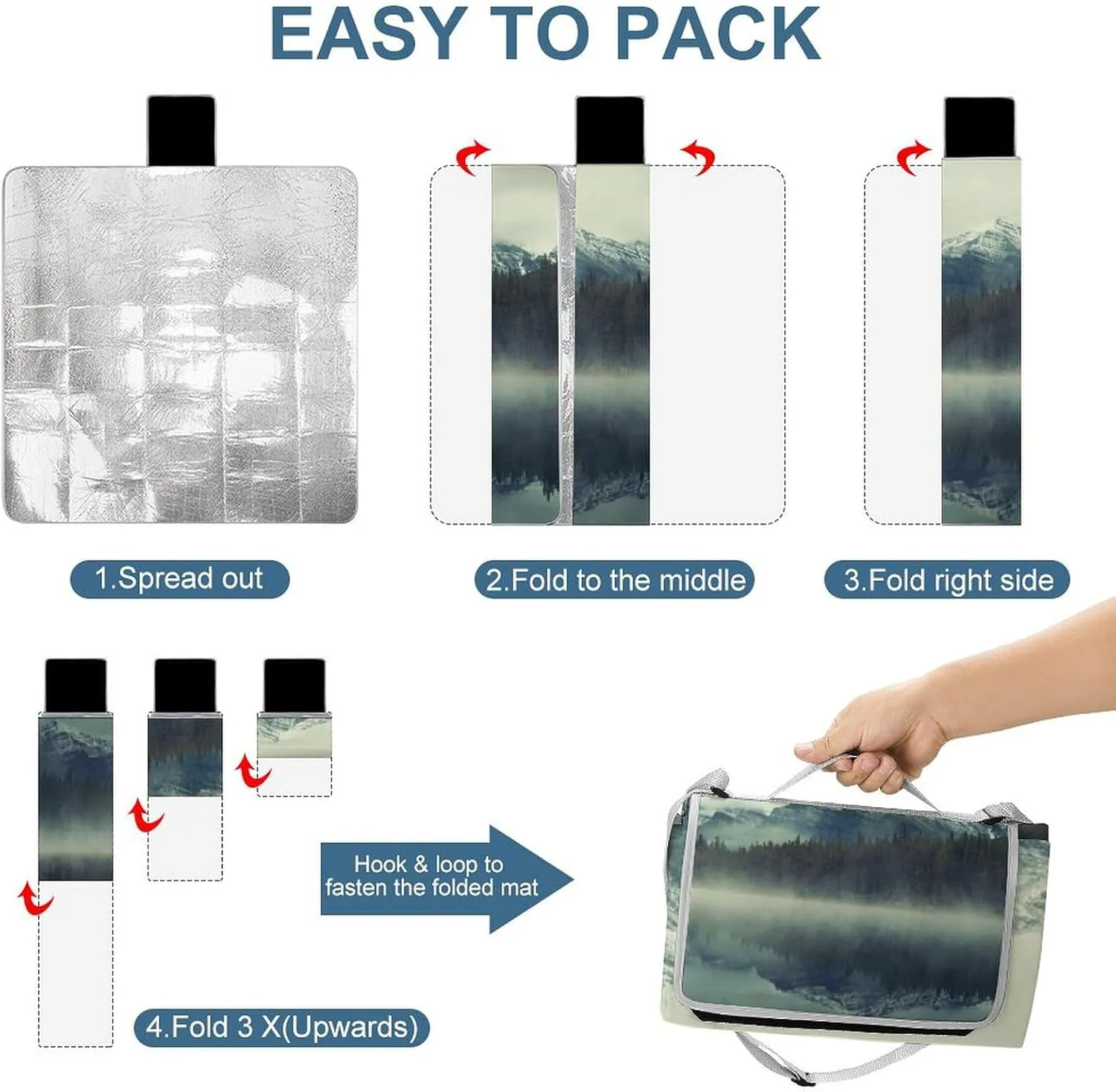 Forest Tree Foggy Moutains Lake Picnic Blanket with Carry Strap Foldable & Portable 3-Layer Waterproof Sand Proof Beach Blanket for Outdoor Camping Travel Grass Lawn Park Music Festival