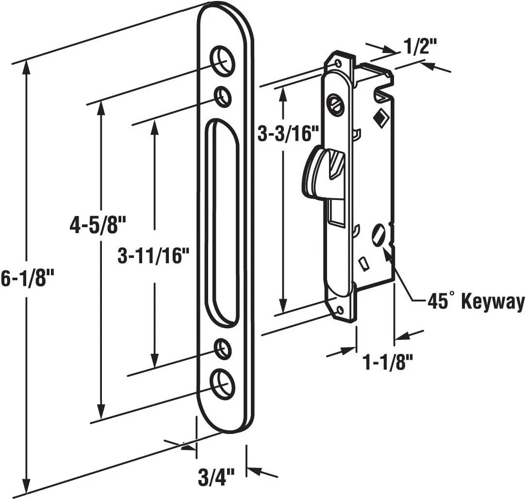 FPL #3-45-S Sliding Glass Door Replacement Mortise Lock with Adapter Plate, 4-5/8” Screw Holes, 45 Degree Keyway- Polished Brass Finish