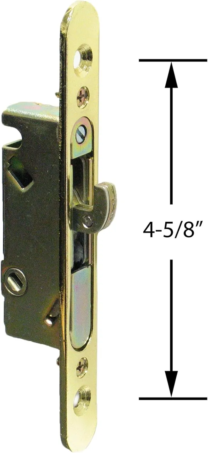 FPL #3-45-S Sliding Glass Door Replacement Mortise Lock with Adapter Plate, 4-5/8” Screw Holes, 45 Degree Keyway- Polished Brass Finish
