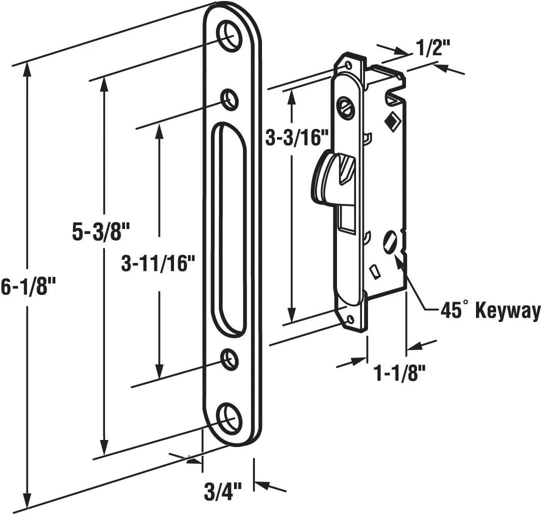 FPL #3-45-S Sliding Glass Door Replacement Mortise Lock with Adapter Plate, 5-3/8” Screw Holes, 45 Degree Keyway- Oil Rubbed Bronze Finish
