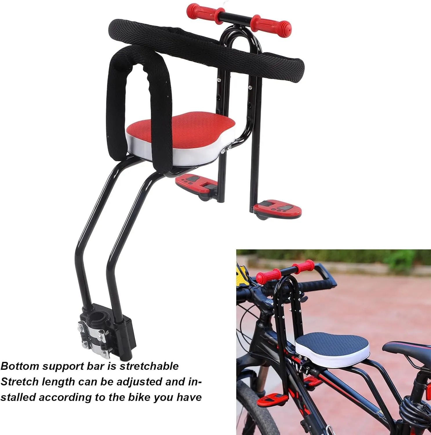 Front Mounted Bike Child Front Toddler Bike Seat Adjust Pedal Height Sturdy Iron Mountain Bike Safety Seat for Kids