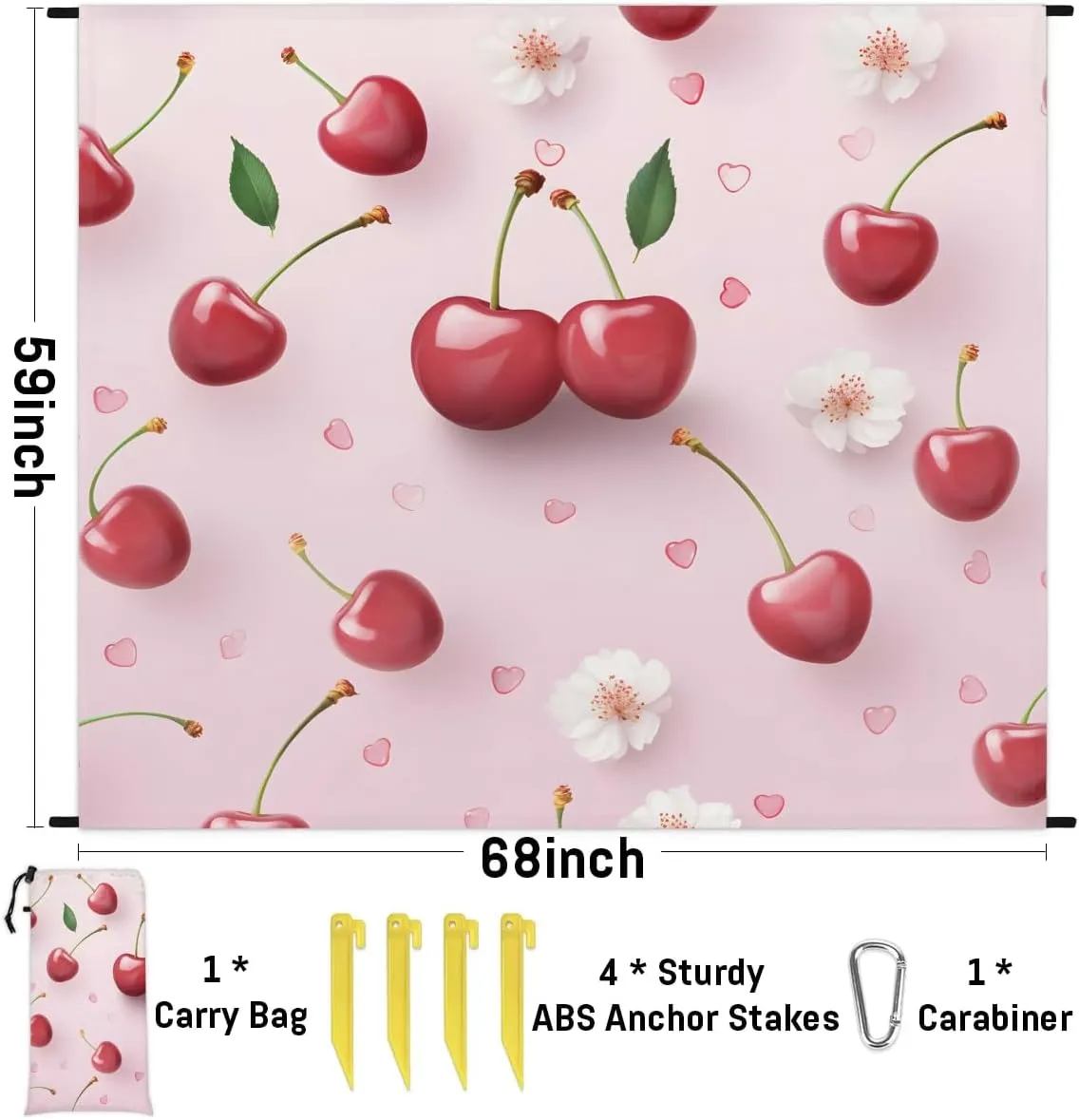 Fruit Cherry Beach Blanket, Sandproof Beach Mat, 68 x 59 Waterproof Quick Drying Sand Free Mat with 4 x Ground Spikes for Outdoor Travel Camping Hiking, Floral Pattern