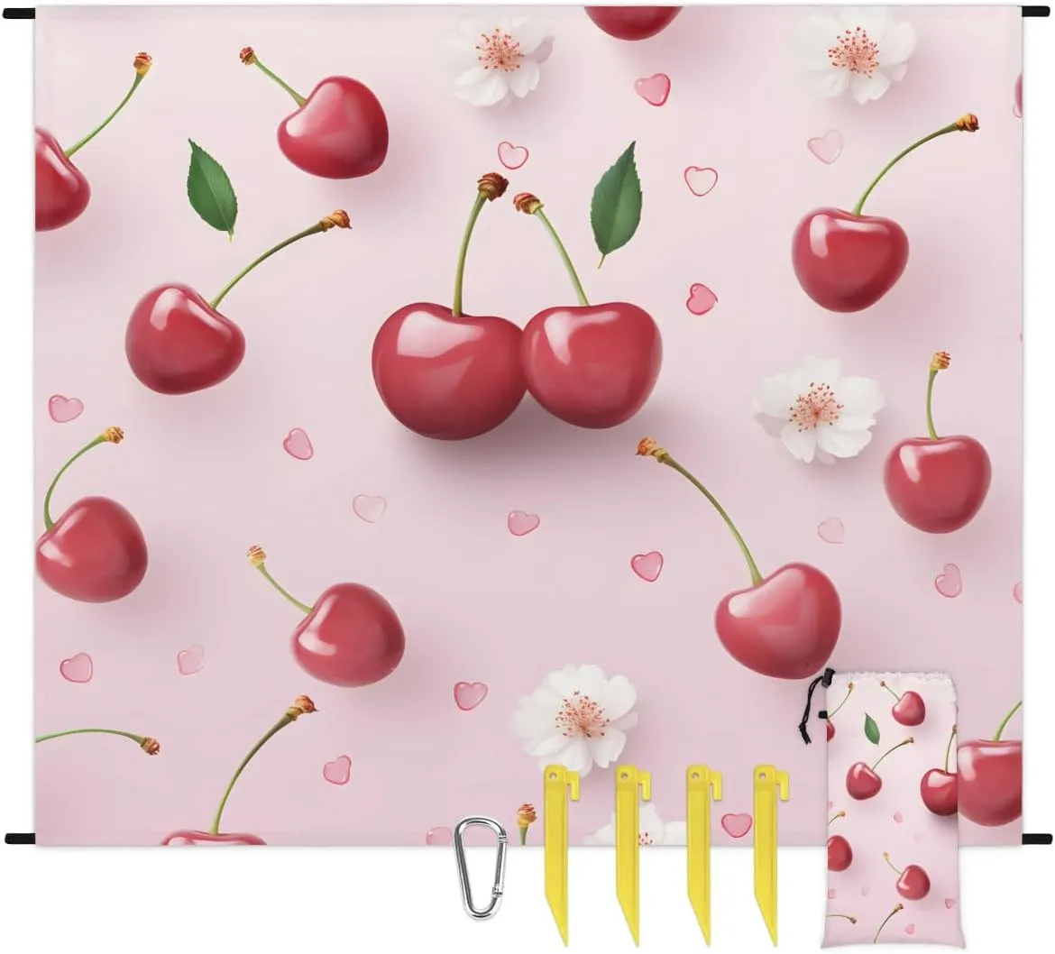 Fruit Cherry Beach Blanket, Sandproof Beach Mat, 68 x 59 Waterproof Quick Drying Sand Free Mat with 4 x Ground Spikes for Outdoor Travel Camping Hiking, Floral Pattern