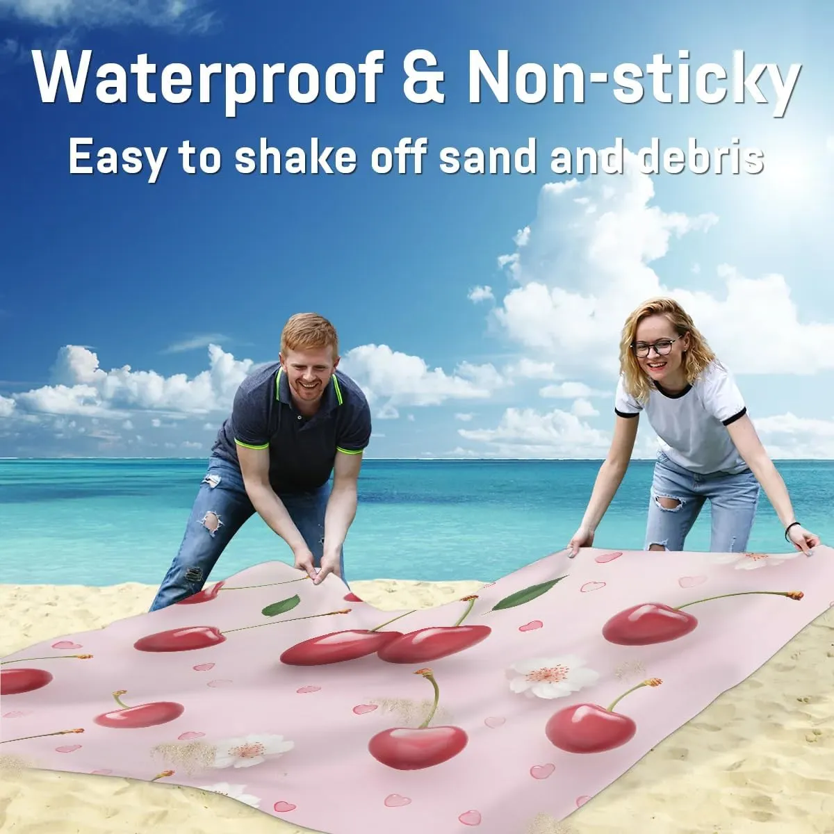 Fruit Cherry Beach Blanket, Sandproof Beach Mat, 68 x 59 Waterproof Quick Drying Sand Free Mat with 4 x Ground Spikes for Outdoor Travel Camping Hiking, Floral Pattern