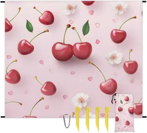 Fruit Cherry Beach Blanket, Sandproof Beach Mat, 68 x 59 Waterproof Quick Drying Sand Free Mat with 4 x Ground Spikes for Outdoor Travel Camping Hiking, Floral Pattern