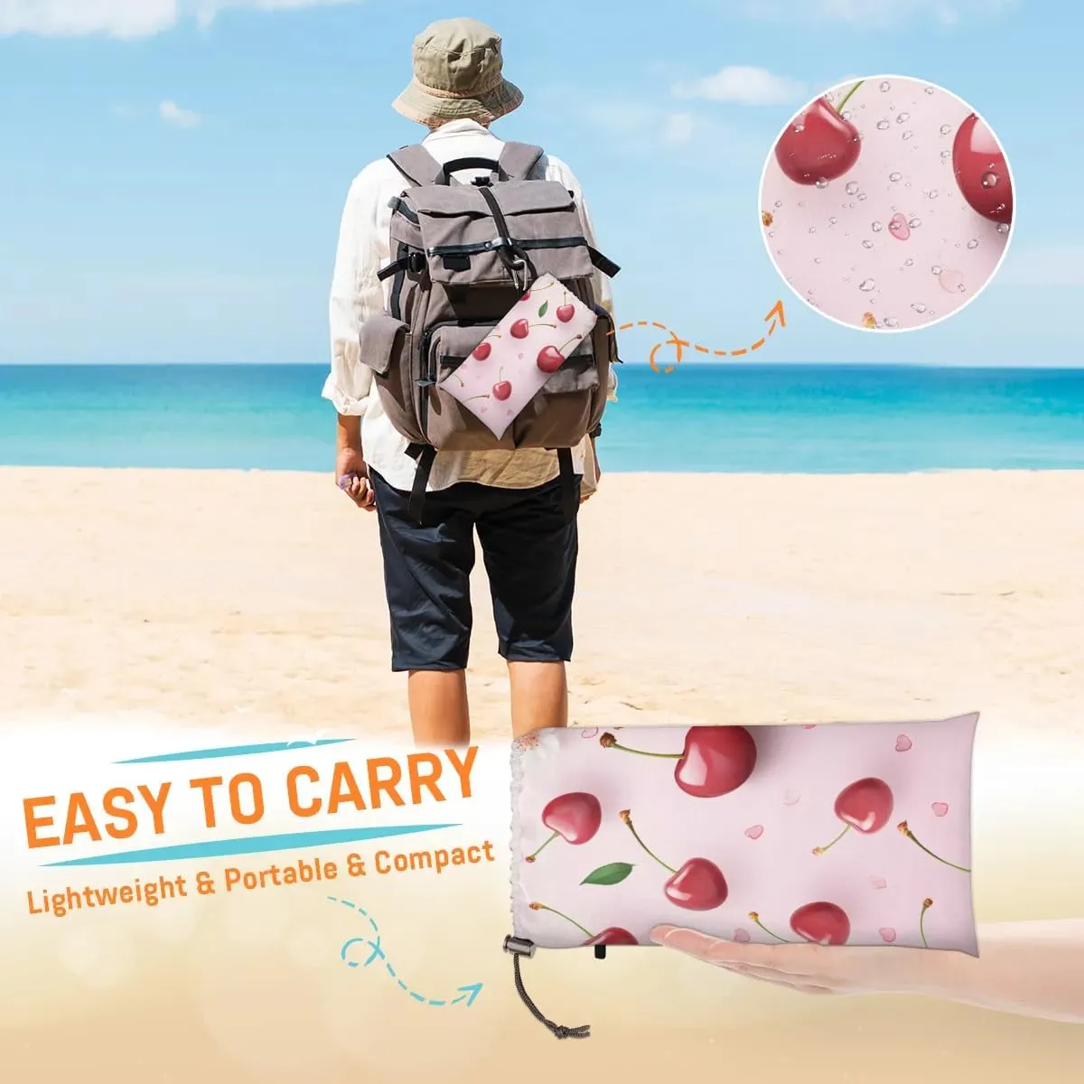 Fruit Cherry Beach Blanket, Sandproof Beach Mat, 68 x 59 Waterproof Quick Drying Sand Free Mat with 4 x Ground Spikes for Outdoor Travel Camping Hiking, Floral Pattern