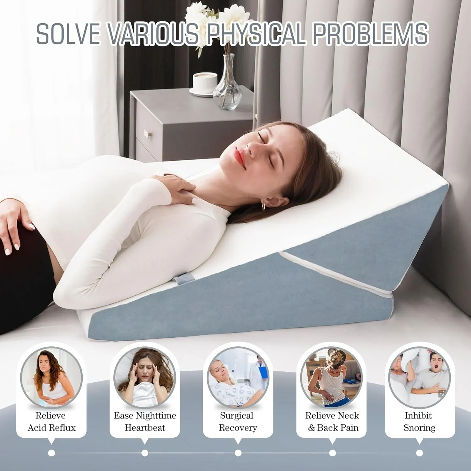 FSCGIFE Bed Wedge Pillow for Sleeping, 9&12 Inch Adjustable Bed Wedge Pillow for After Surgery, 7-in-1 Memory Foam Triangle Wedge Pillow, Relieve Acid Reflux, Gerd, Snoring