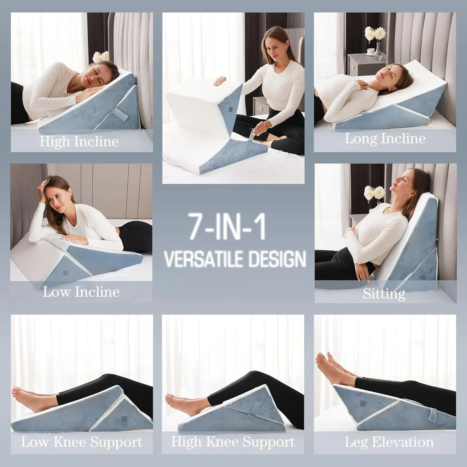 FSCGIFE Bed Wedge Pillow for Sleeping, 9&12 Inch Adjustable Bed Wedge Pillow for After Surgery, 7-in-1 Memory Foam Triangle Wedge Pillow, Relieve Acid Reflux, Gerd, Snoring