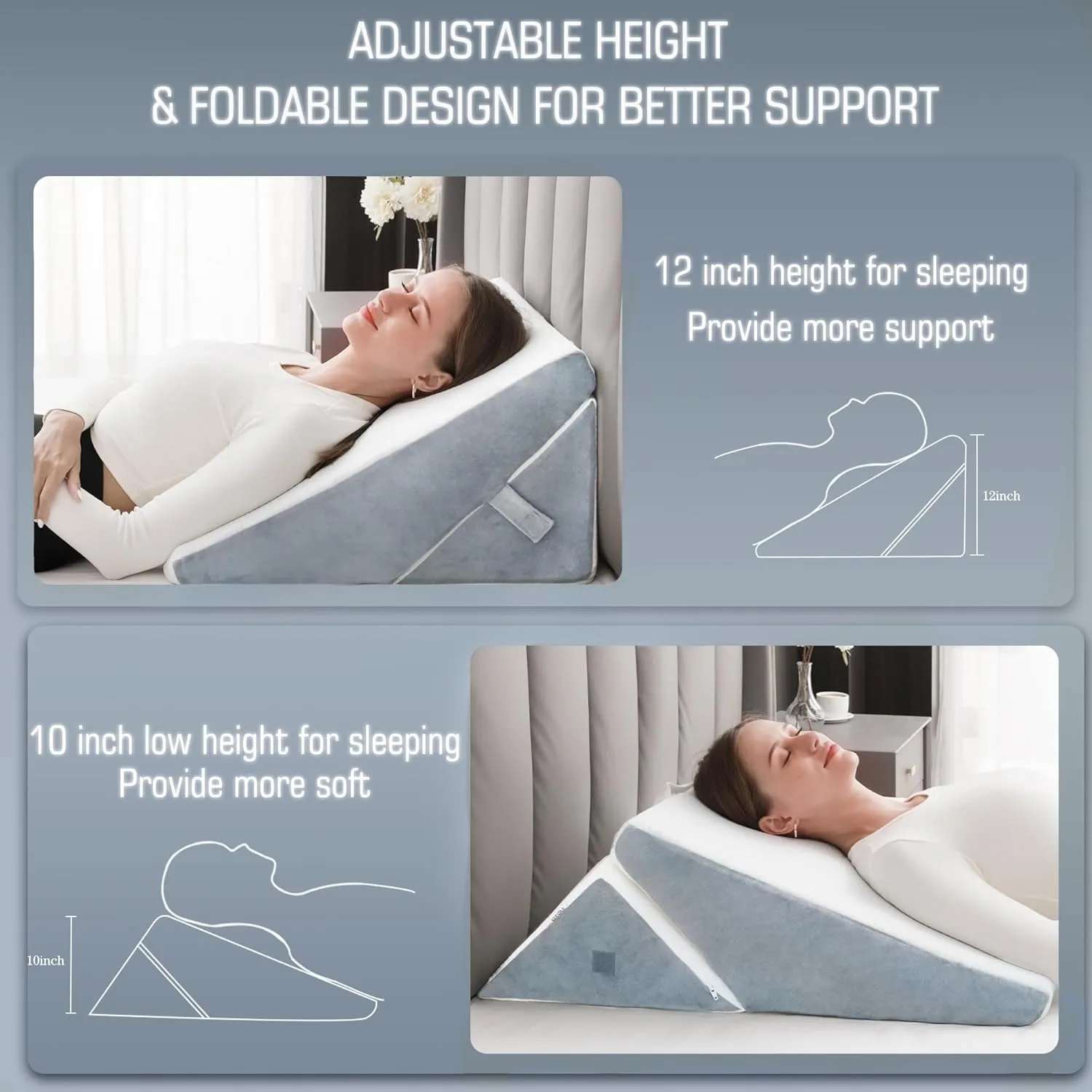 FSCGIFE Bed Wedge Pillow for Sleeping, 9&12 Inch Adjustable Bed Wedge Pillow for After Surgery, 7-in-1 Memory Foam Triangle Wedge Pillow, Relieve Acid Reflux, Gerd, Snoring
