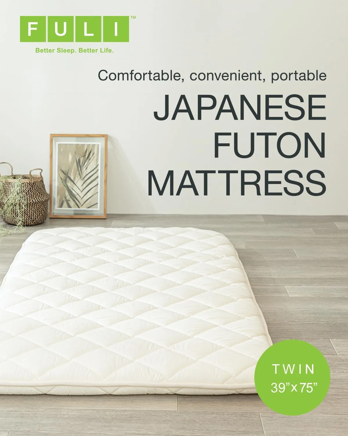 FULI Japanese Futon Mattress, Japanese Floor Mattress, Floor Bed, Tatami Foldable Bed, Roll Up Sleeping Pad, Shikibuton, Made in Japan (White, Twin)