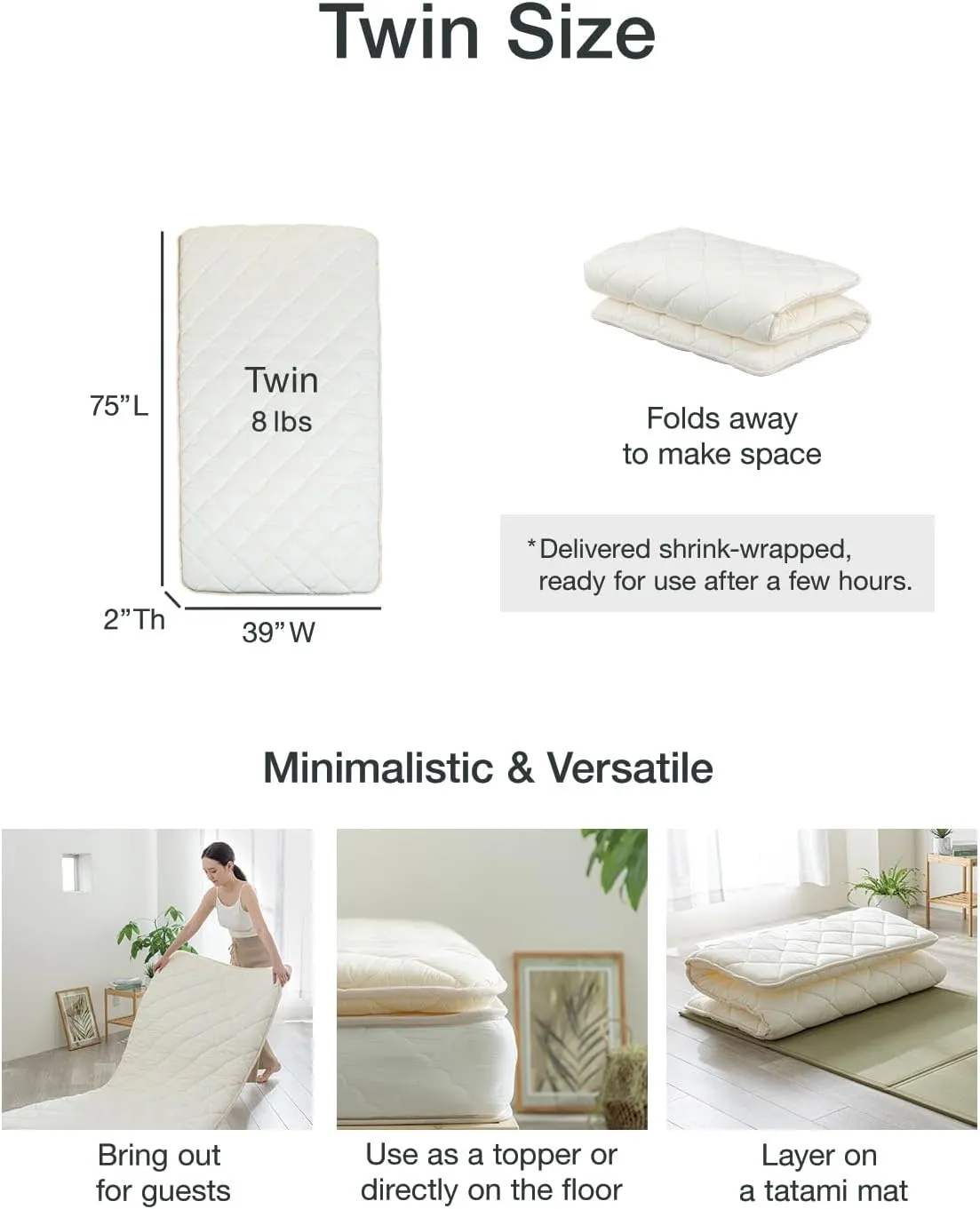FULI Japanese Futon Mattress, Japanese Floor Mattress, Floor Bed, Tatami Foldable Bed, Roll Up Sleeping Pad, Shikibuton, Made in Japan (White, Twin)