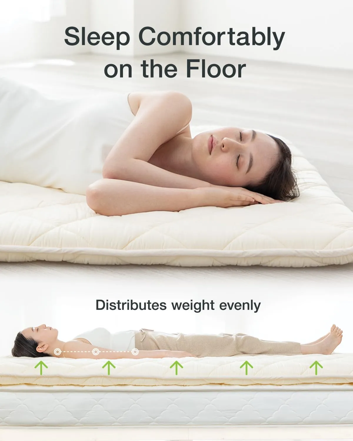 FULI Japanese Futon Mattress, Japanese Floor Mattress, Floor Bed, Tatami Foldable Bed, Roll Up Sleeping Pad, Shikibuton, Made in Japan (White, Twin)