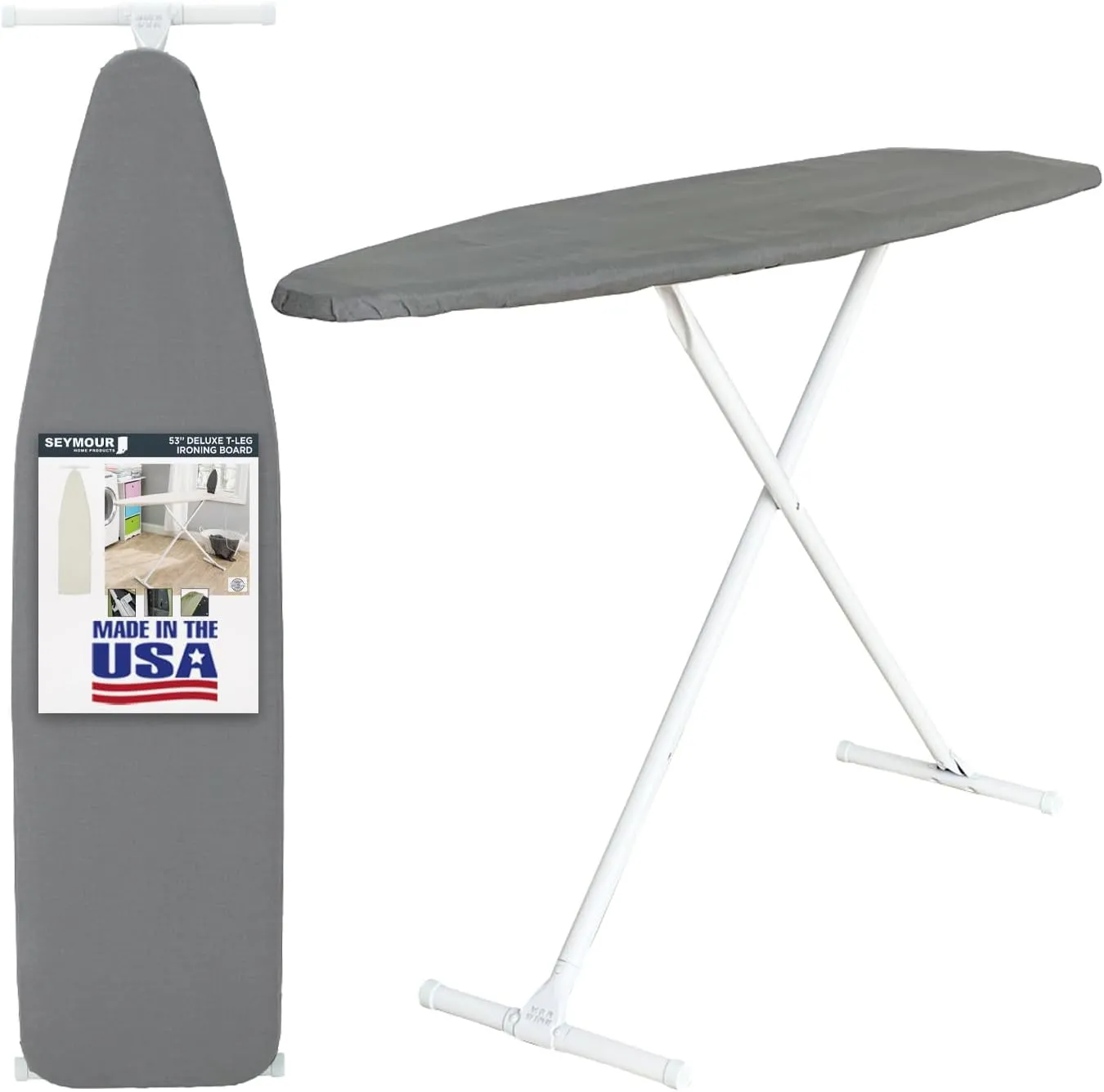 Full Size Ironing Board with Cover & Pad – Made in USA by Seymour Home Products Adjustable Steel T-Legs, 35" High Perforated Top for Steam Durable Iron Board for Home, Laundry Room (Grey)