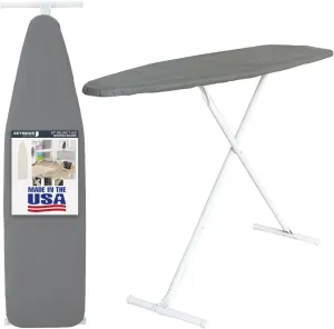 Full Size Ironing Board with Cover & Pad – Made in USA by Seymour Home Products Adjustable Steel T-Legs, 35" High Perforated Top for Steam Durable Iron Board for Home, Laundry Room (Grey)