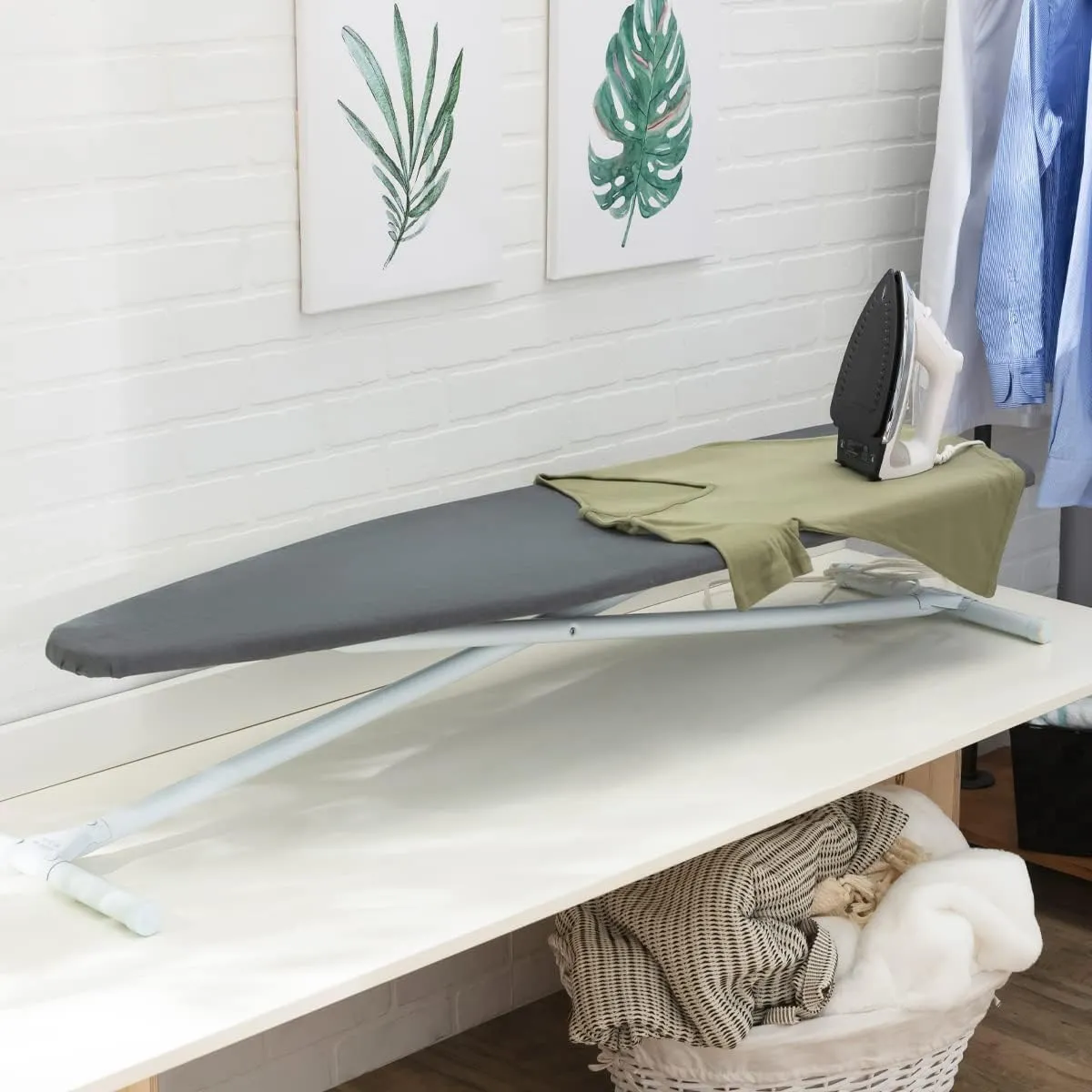 Full Size Ironing Board with Cover & Pad – Made in USA by Seymour Home Products Adjustable Steel T-Legs, 35" High Perforated Top for Steam Durable Iron Board for Home, Laundry Room (Grey)