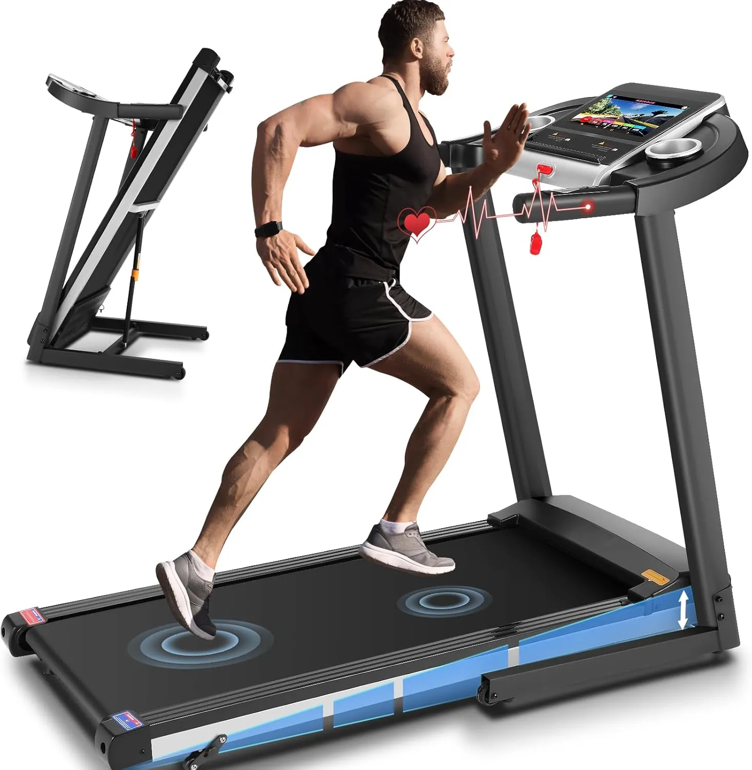 FUNMILY Foldable Treadmills for Home with Incline, Heavy Duty Treadmill with TV Screen and WiFi, 3.25HP Smart Electric Walking Pad Running Machine with 10” Touchscreen and 3D Virtual Sports Scenes