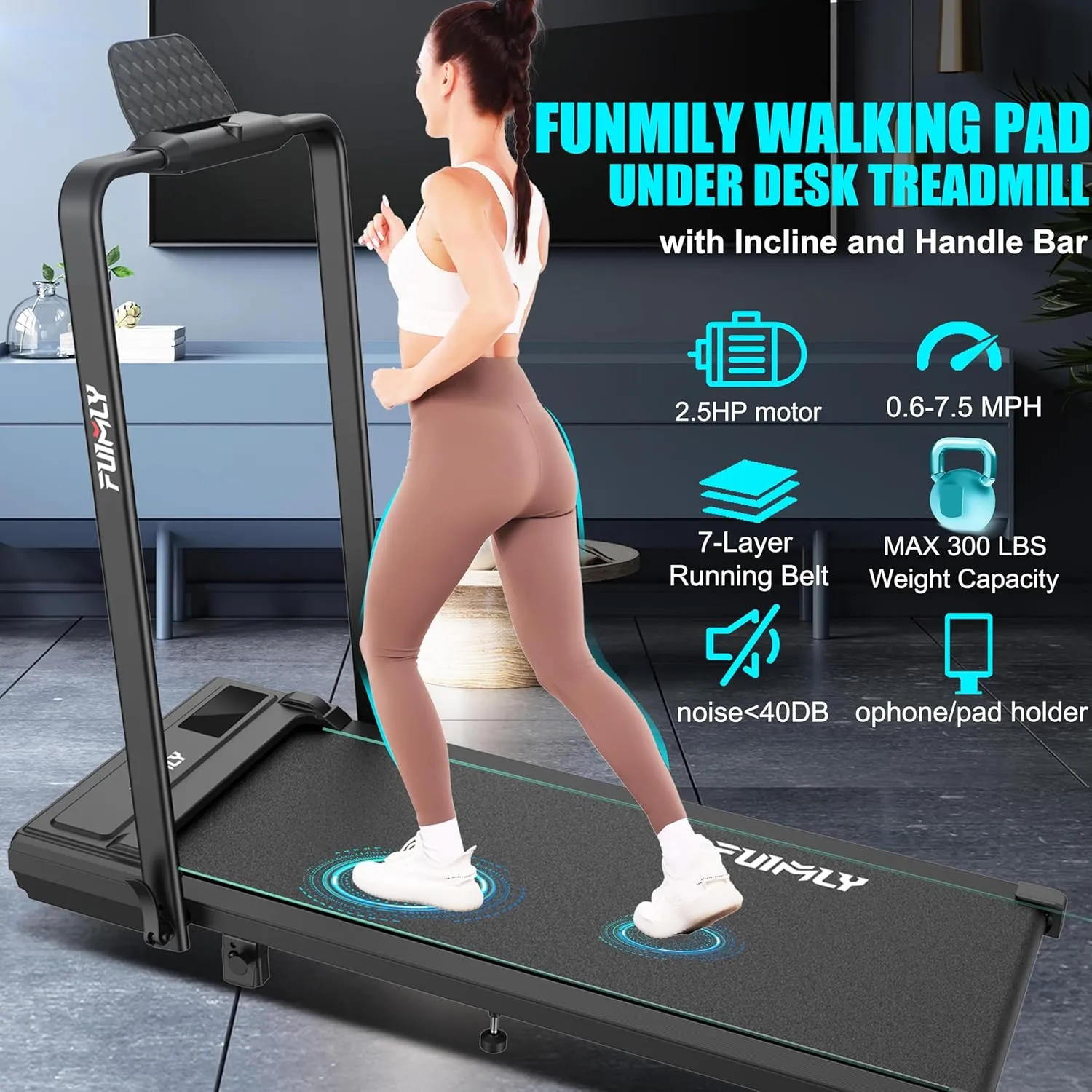 FUNMILY Incline Walking Pad Treadmill with Handle Bar,4 in 1 Under Desk Treadmills for Home,300lb Capacity,2.5HP Folding Compact Treadmills with Remote Control,LED Touch Screen,Electric Machine