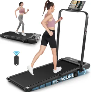 FUNMILY Incline Walking Pad Treadmill with Handle Bar,4 in 1 Under Desk Treadmills for Home,300lb Capacity,2.5HP Folding Compact Treadmills with Remote Control,LED Touch Screen,Electric Machine